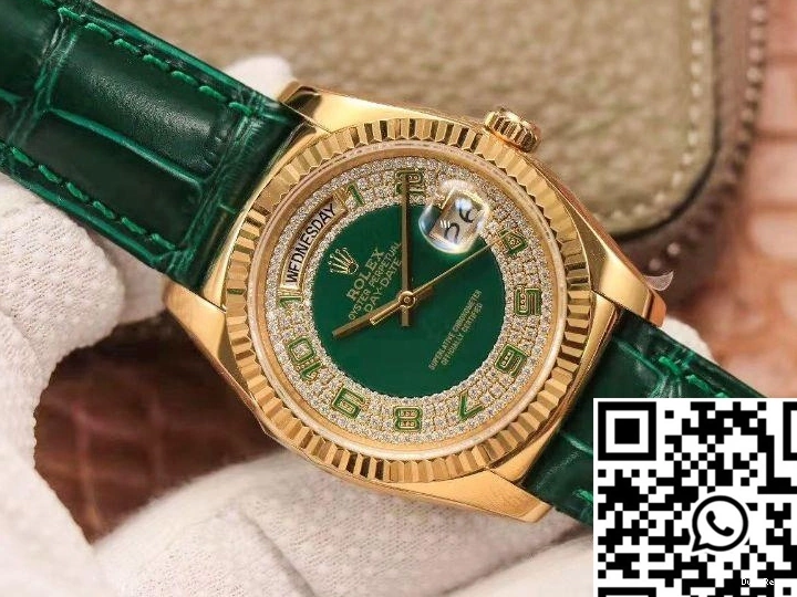 Diamond Rolex Replica dial 36mm Day-Date Gold Gypsophila watch Green Enamel 0713